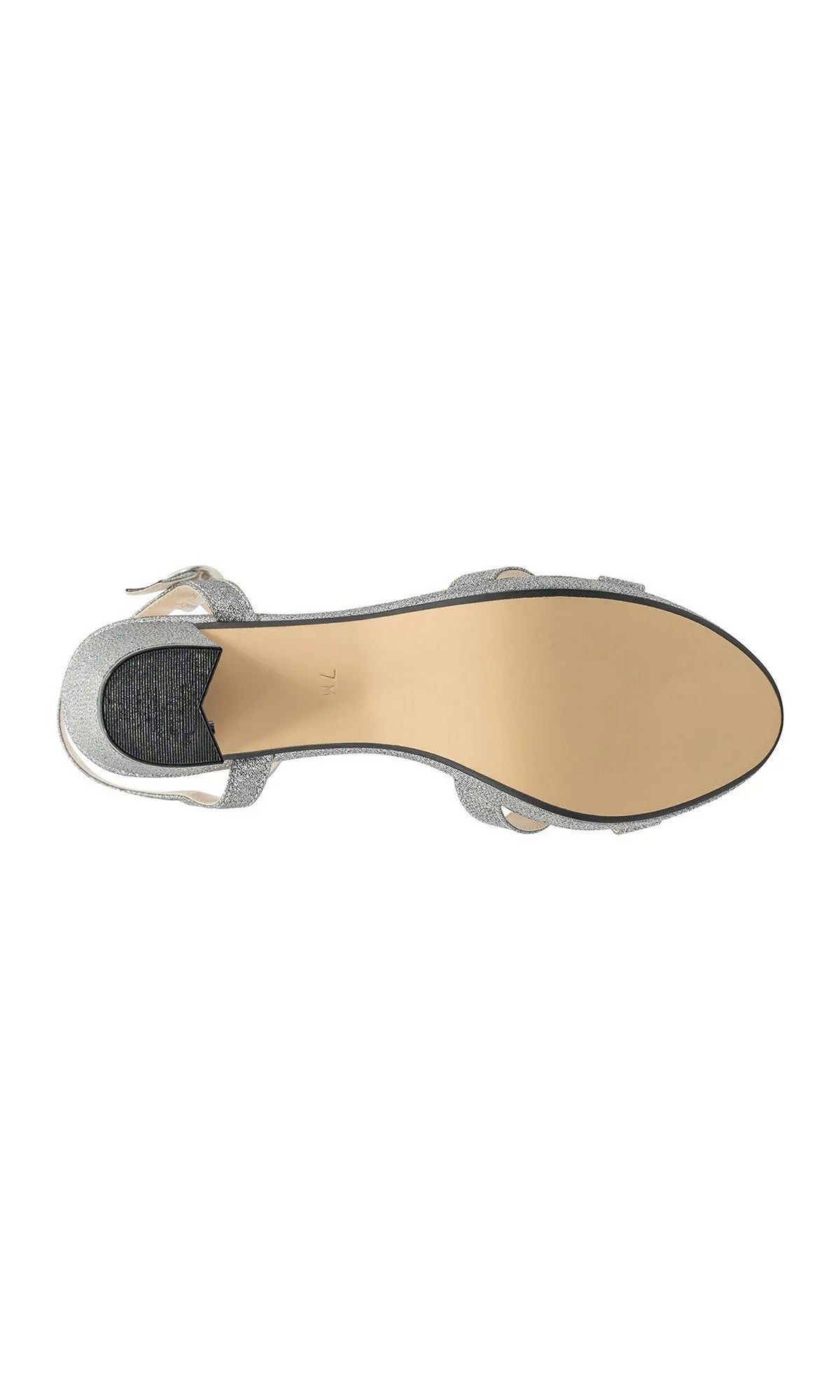 Bottom view of the Harmon Pewter Platform Prom Shoes: Touch Ups 4677, a glittery pewter platform sandal with a block heel and a buckled ankle strap.
