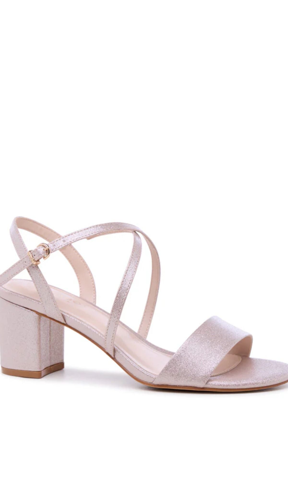 The Honeysilk Blush Prom Shoe by Paradox London (P2602) is a single strappy blush sandal with a mid block heel and ankle buckle, showcased elegantly on a white background.