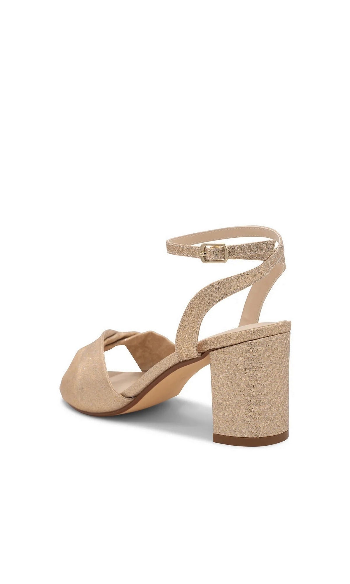 Hope Champagne Prom Shoes: Touch Ups 4694 are champagne-colored block heel sandals featuring an ankle strap and a knotted toe detail, perfect as elegant prom shoes.