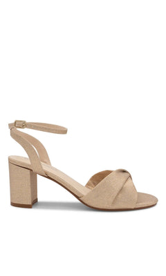 Hope Champagne Prom Shoes: Touch Ups 4694, champagne-colored glittery block-heel sandals featuring an ankle strap and a knotted front toe strap.