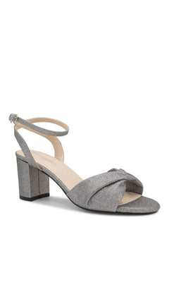 Hope Pewter Block Heel Prom Shoes: Touch Ups 4693 in pewter glitter with a twisted strap, ankle strap buckle closure, and a shimmering gray finish.