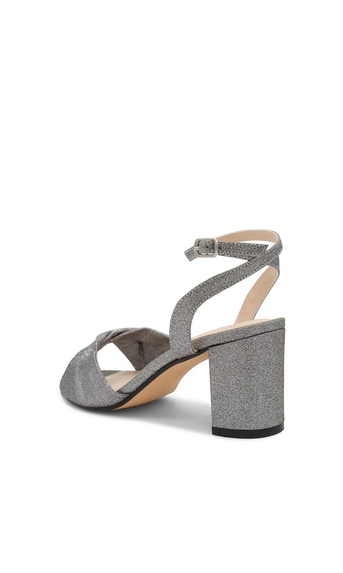 Hope Pewter Block Heel Prom Shoes: Touch Ups 4693, a silver glitter block-heel sandal with an ankle strap, perfect as gray shimmer prom shoes.