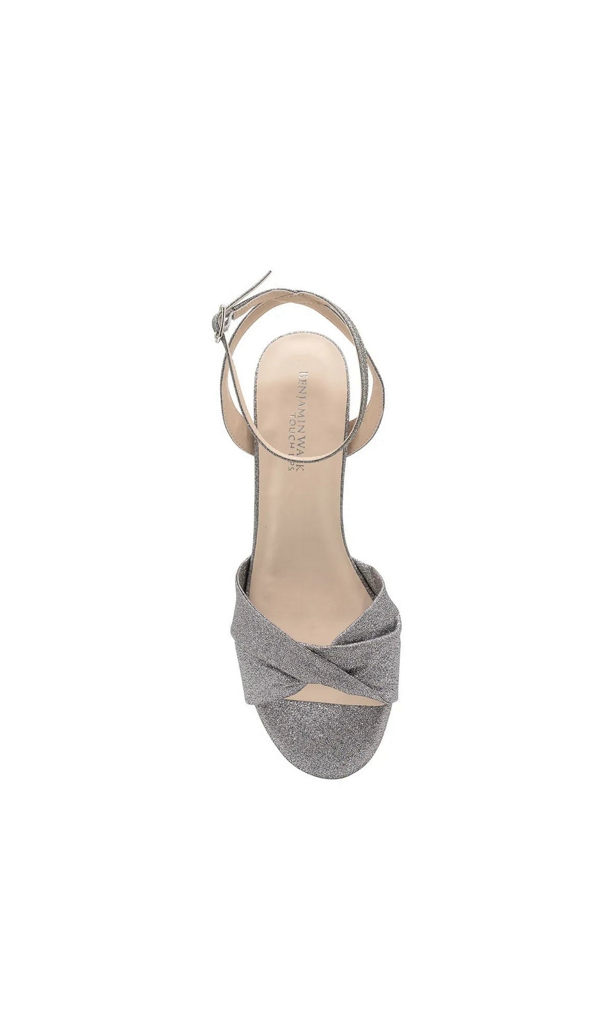 Hope Pewter Block Heel Prom Shoes: Touch Ups 4693 in silver glitter with a knotted toe strap and a buckled ankle strap, perfect as gray shimmer prom shoes.