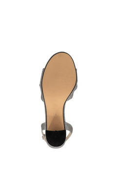 Bottom view of a glittery pewter Hope Pewter Block Heel Prom Shoes: Touch Ups 4693 with a tan sole.