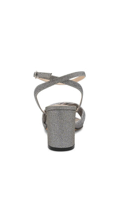 Back view of Hope Pewter Block Heel Prom Shoes: Touch Ups 4693, a shimmering pewter block-heel sandal with a buckled crisscross ankle strap.