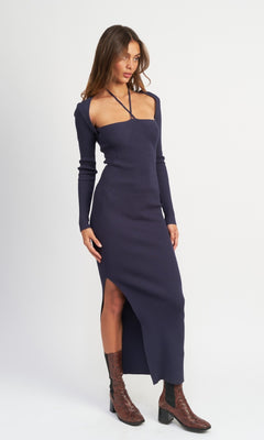 Casual Long-Sleeve Long Sweater Dress Navy / Small Casual Long-Sleeve Long Sweater Dress Navy / Small