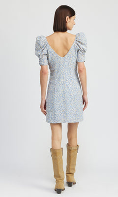 Blue Floral Short Casual Dress with Short Puff Sleeves PromGirl Blue Floral Short Casual Dress with Short Puff Sleeves PromGirl