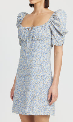 Blue Floral Short Casual Dress with Short Puff Sleeves PromGirl