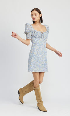 Puff Sleeve Casual Dresses With Sleeves Knee Length Blue Floral Short  Casual Dress With Short Puff Sleeves PromGirl