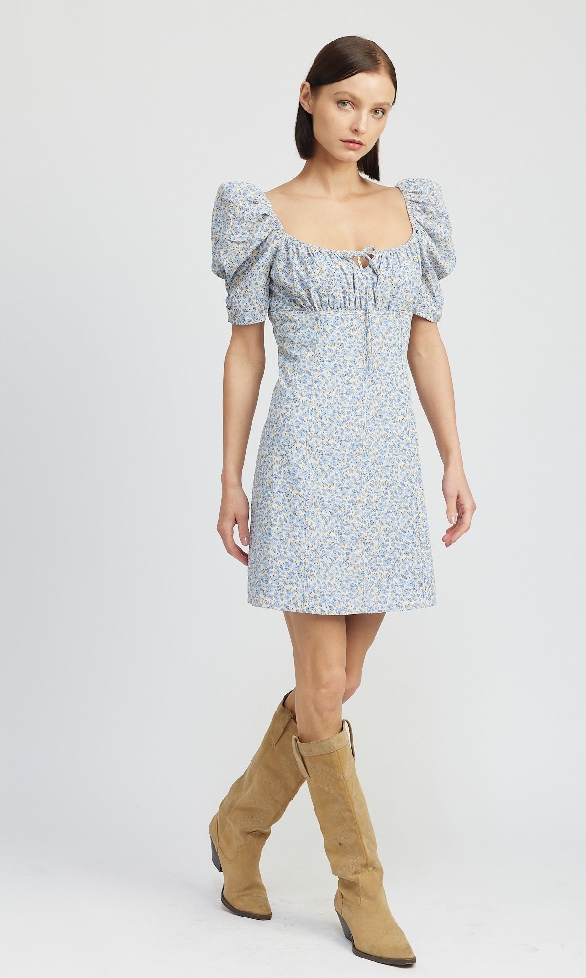 Blue Floral Short Casual Dress with Short Puff Sleeves– PromGirl