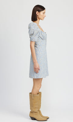 casual dress with boots Blue Floral Short Casual Dress with Short Puff Sleeves Blue Floral / Large
