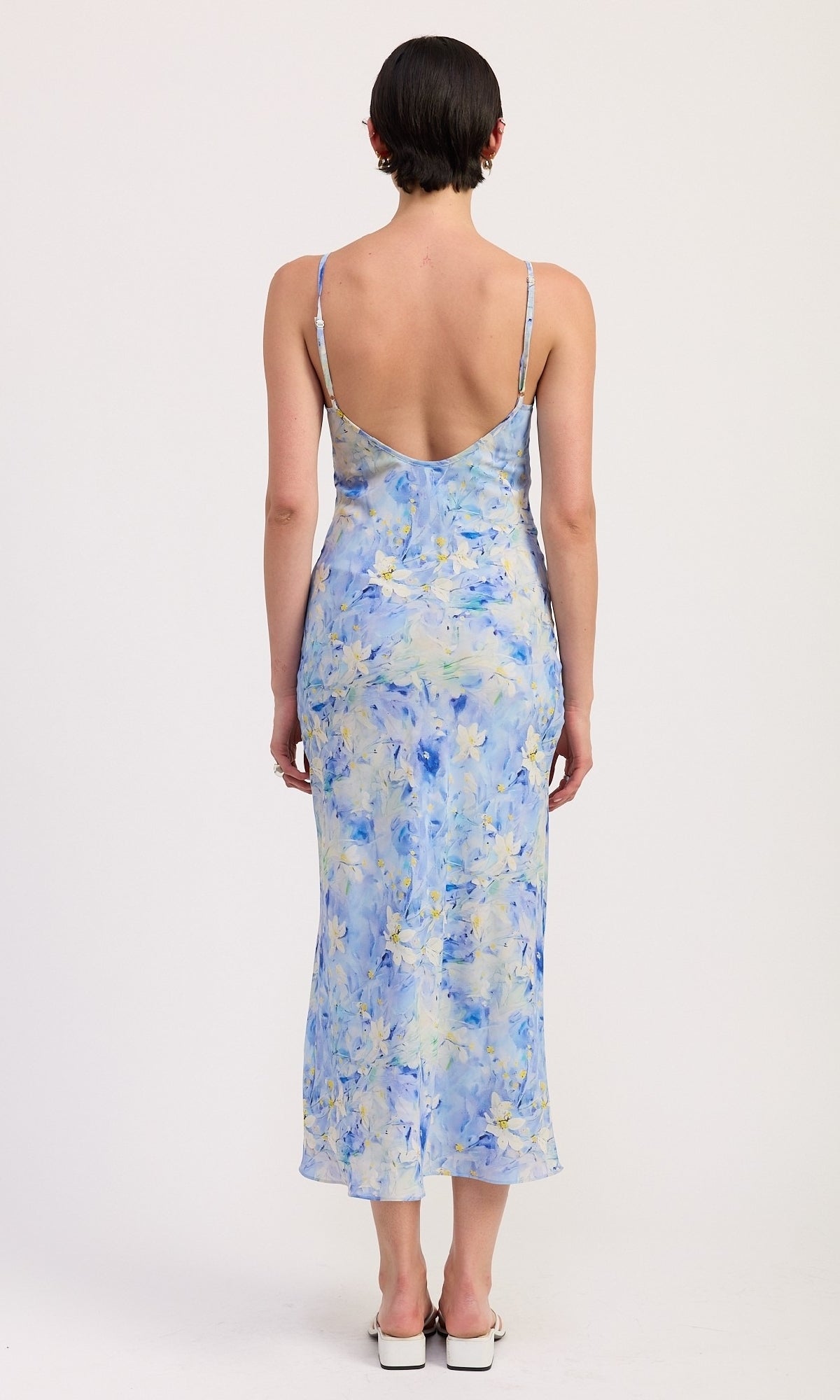Blue Floral Tea-Length Casual Wedding Guest Dress