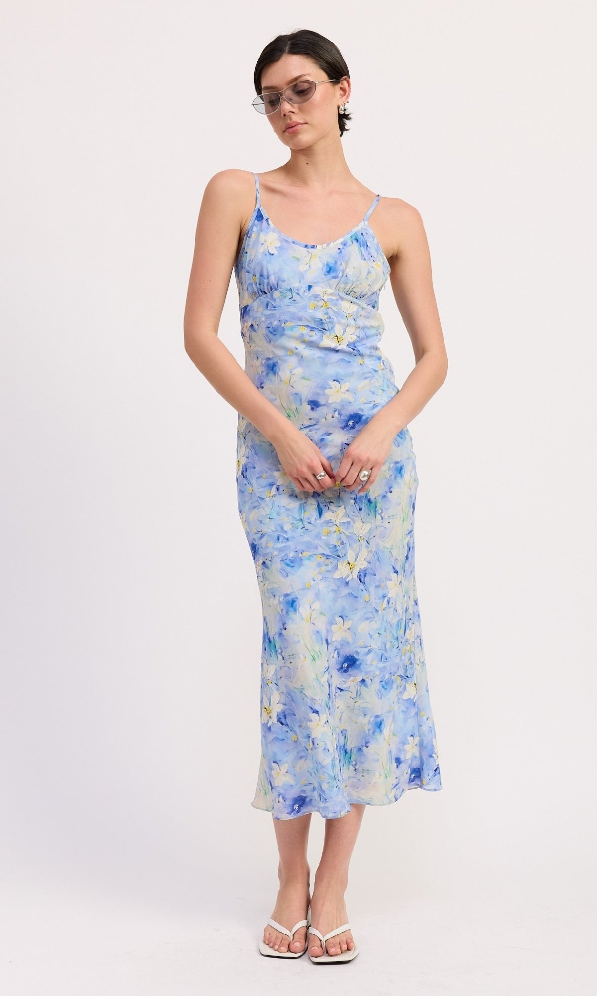 Blue Floral Tea-Length Casual Wedding Guest Dress