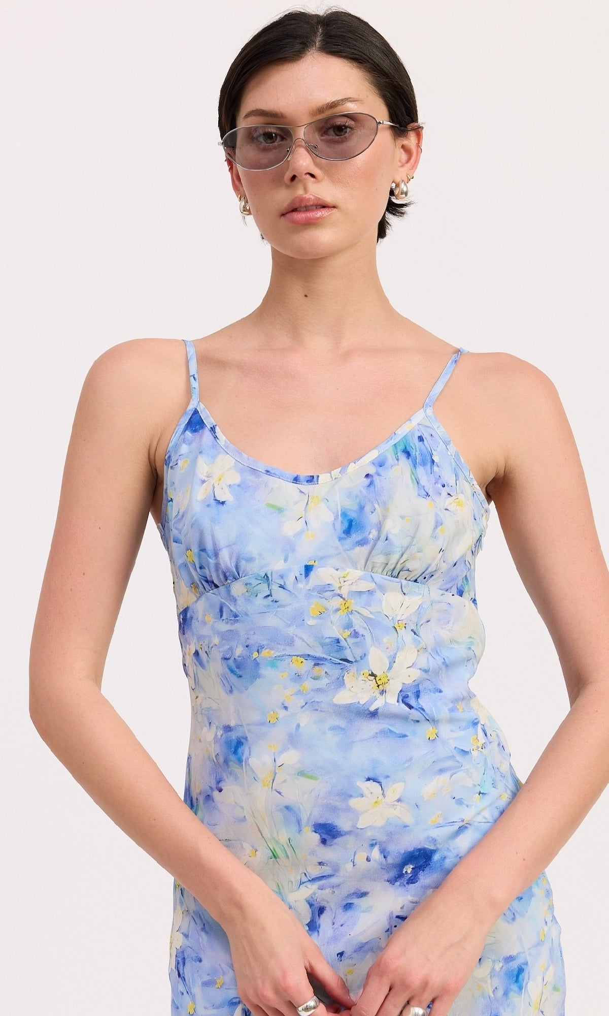 Blue Floral Tea-Length Casual Wedding Guest Dress