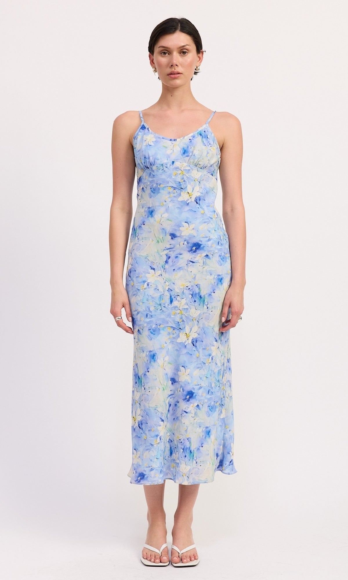 Blue Floral Tea-Length Casual Wedding Guest Dress