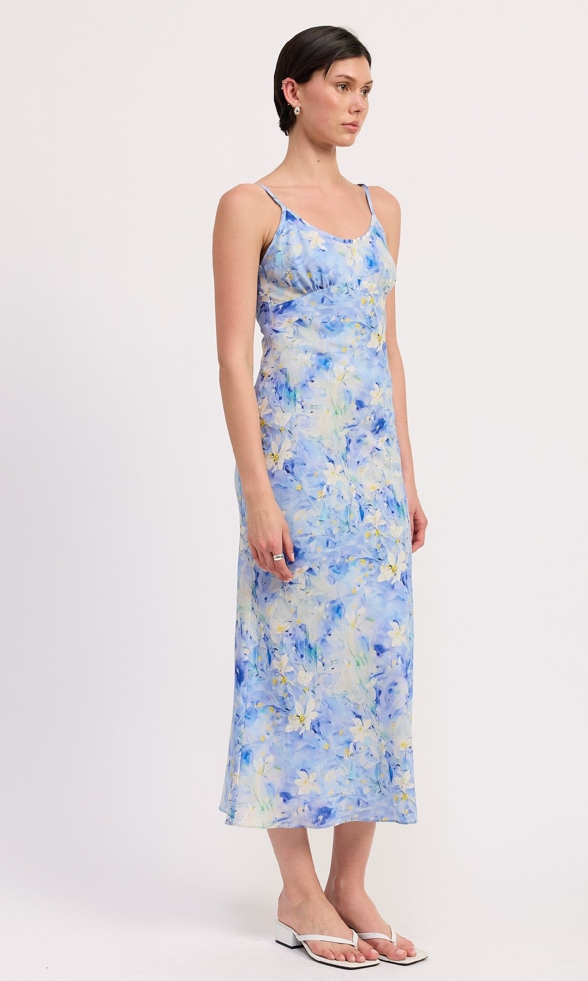 Blue Floral Tea-Length Casual Wedding Guest Dress