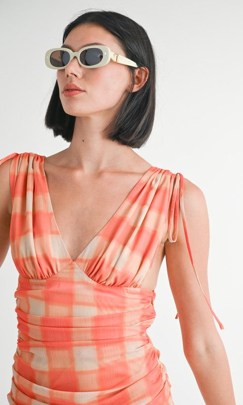 orange casual mini dress Casual Orange Plaid Ruched Mini Dress Orange Plaid / Small