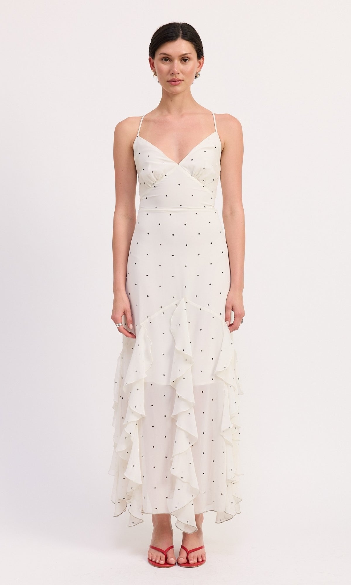Long White and Black Polka Dot Party Dress
