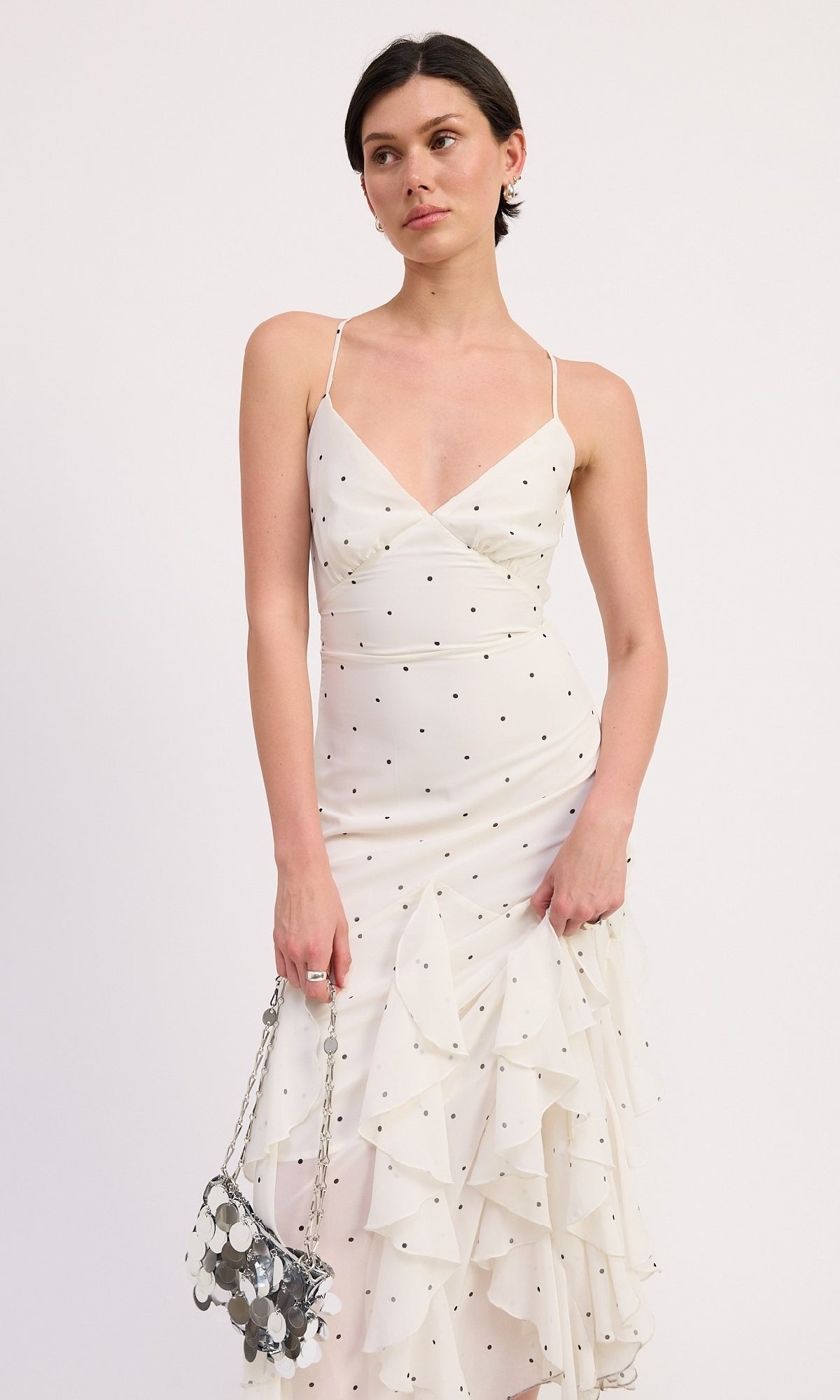 Long White and Black Polka Dot Party Dress