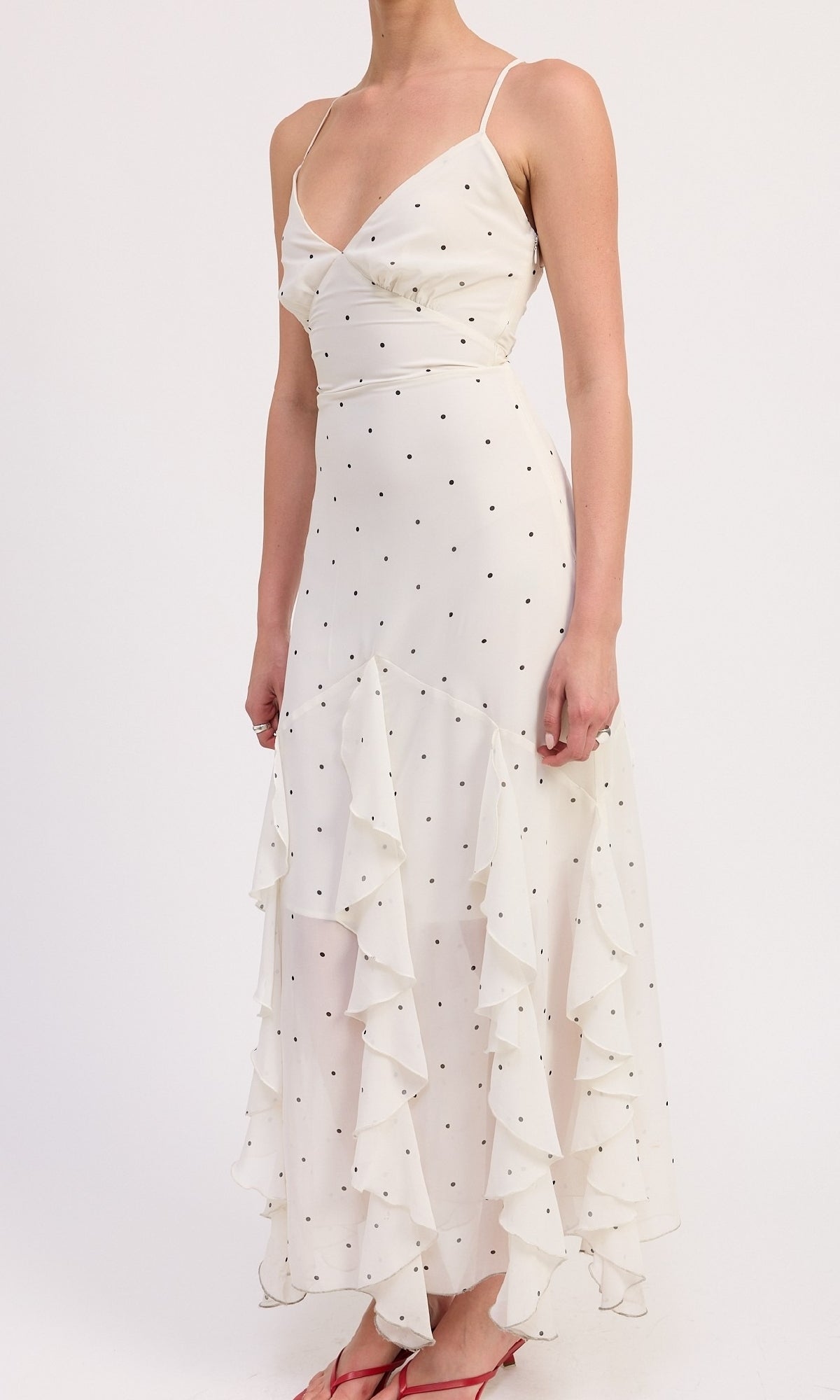 Long White and Black Polka Dot Party Dress