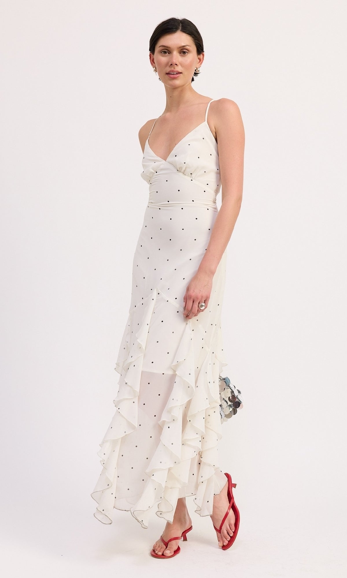Long White and Black Polka Dot Party Dress