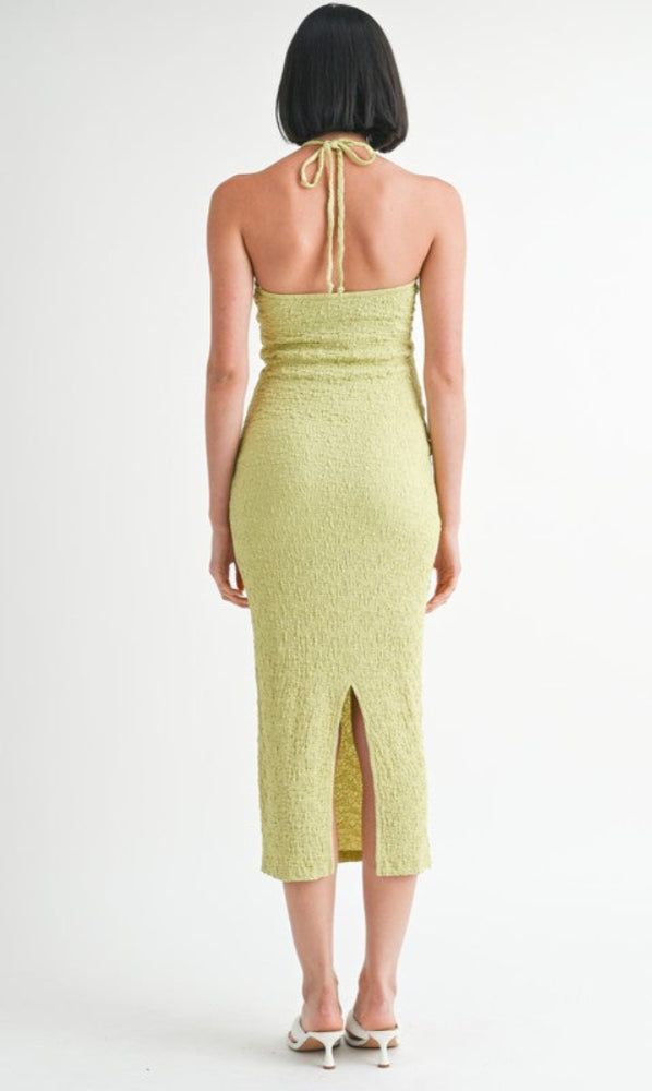 Tea-Length Halter Green Casual Summer Dress with Slit Melon / Large Tea-Length Halter Green Casual Summer Dress with Slit Melon / Large