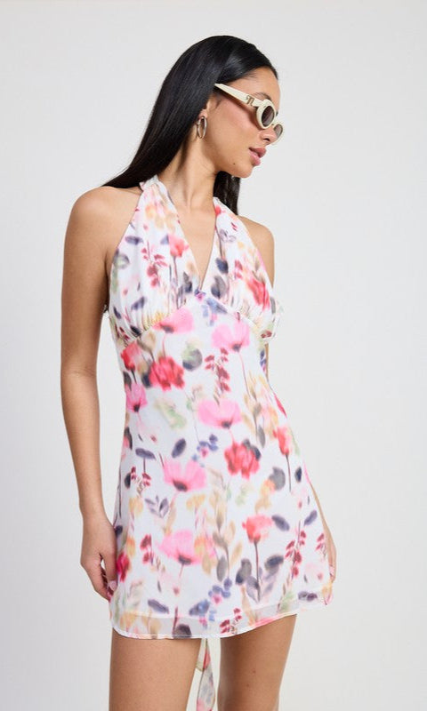 Short Floral Print Casual Halter Dress
