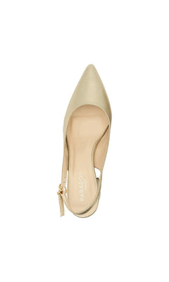 Imelda Champagne Prom Shoes: Paradox London P2400 are gold pointed-toe champagne shoes with a buckle closure and a block heel.