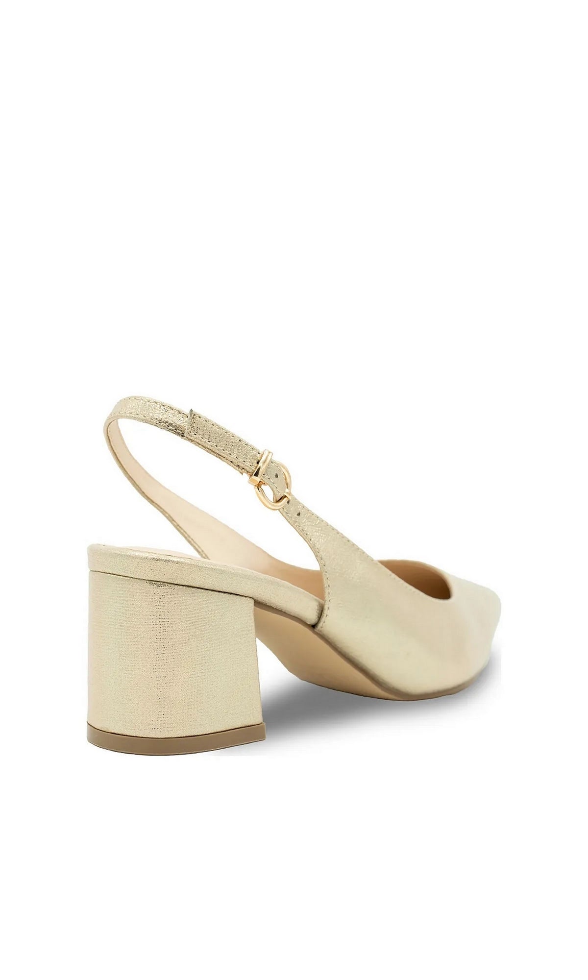 Imelda Champagne Prom Shoes: Paradox London P2400 gold slingback block heel pumps with an adjustable ankle strap.
