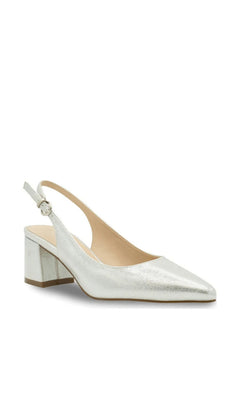 Imelda Silver Prom Shoes: Paradox London P2401, featuring silver metallic pointed-toe slingback block heels with an adjustable ankle strap.