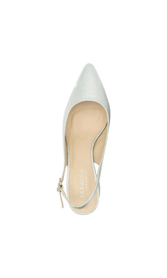 Imelda Silver Prom Shoes: Paradox London P2401 silver pointed-toe slingback block heel.
