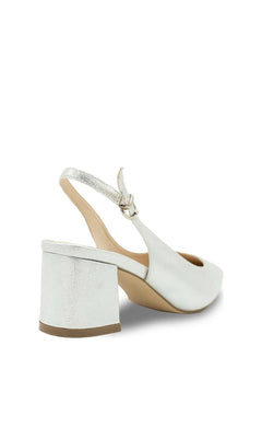 Imelda Silver Prom Shoes: Paradox London P2401, a silver slingback pump featuring a block heel, a buckle strap, and a closed toe.