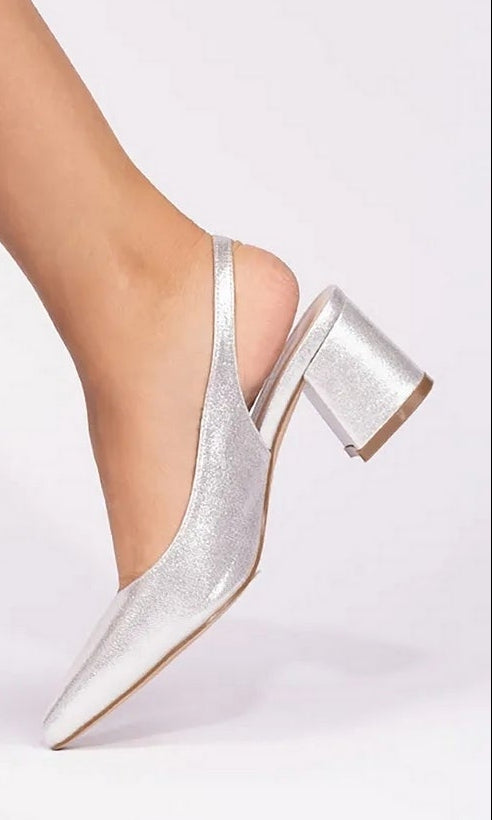 Imelda Silver Prom Shoes: Paradox London P2401 silver glitter slingback heels with a block heel, perfect as closed toe prom shoes.