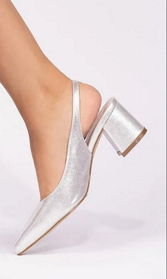 Imelda Silver Prom Shoes: Paradox London P2401 silver glitter slingback heels with a block heel, perfect as closed toe prom shoes.