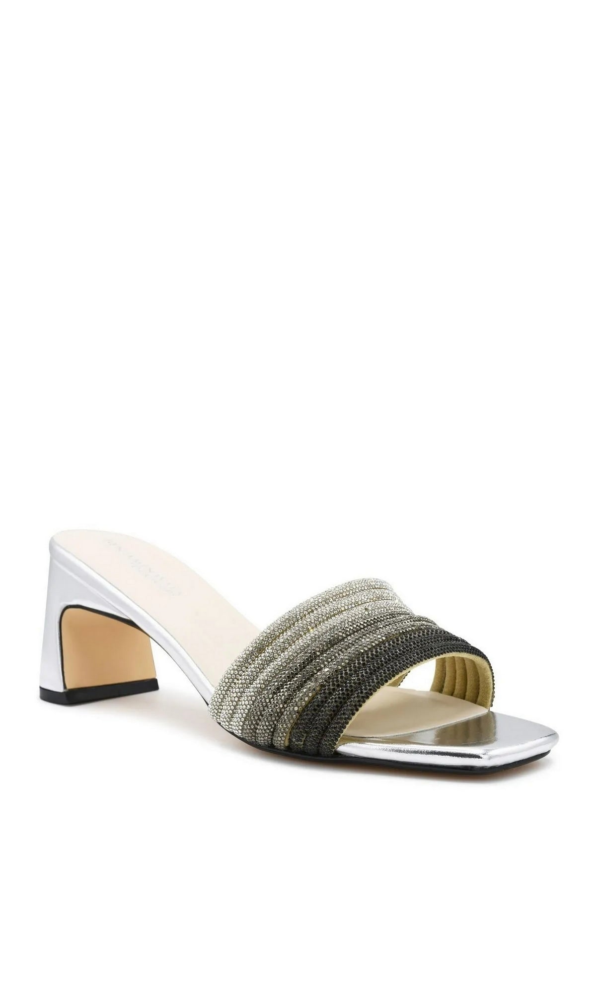 Isla Pewter Silver Prom Shoes: Touch Ups 4708 metallic silver open-toe mule sandals with a low block heel and multi-row rhinestone strap.