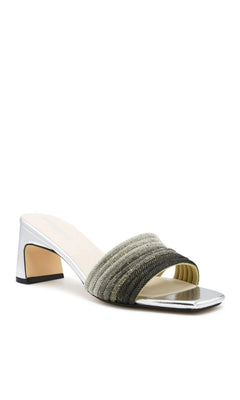 Isla Pewter Silver Prom Shoes: Touch Ups 4708 metallic silver open-toe mule sandals with a low block heel and multi-row rhinestone strap.