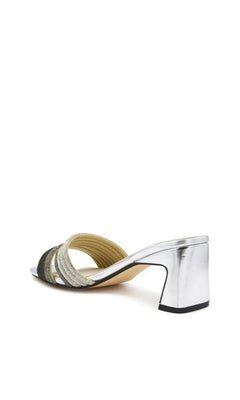 Isla Pewter Silver Prom Shoes: Touch Ups 4708 are silver metallic slides featuring a block heel and two embellished straps across the bridge of the foot.