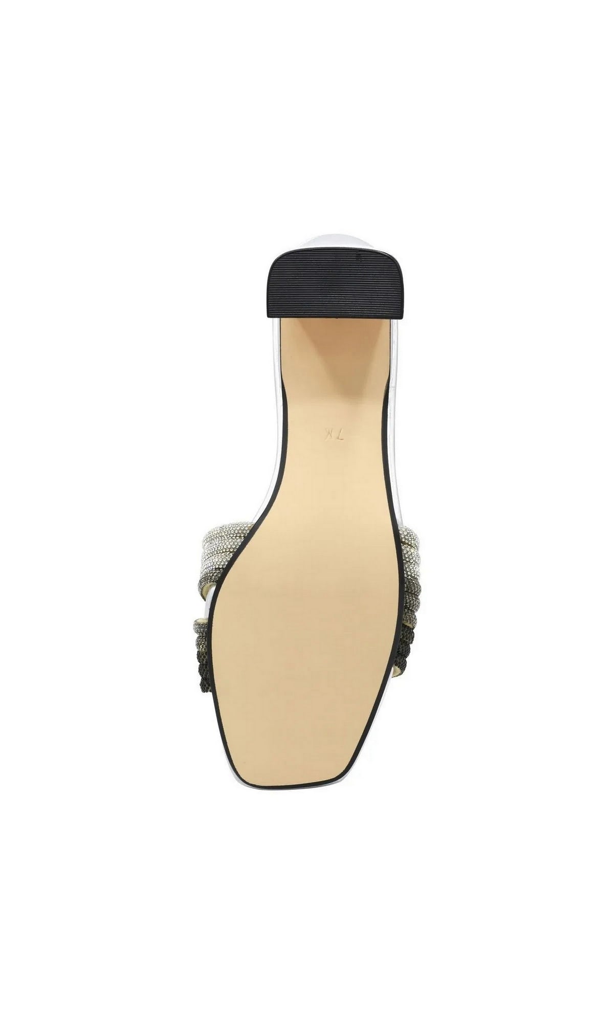 Bottom view of Isla Pewter Silver Prom Shoes: Touch Ups 4708 metallic slides with a square toe, clear block heel, and two embellished straps across the front.