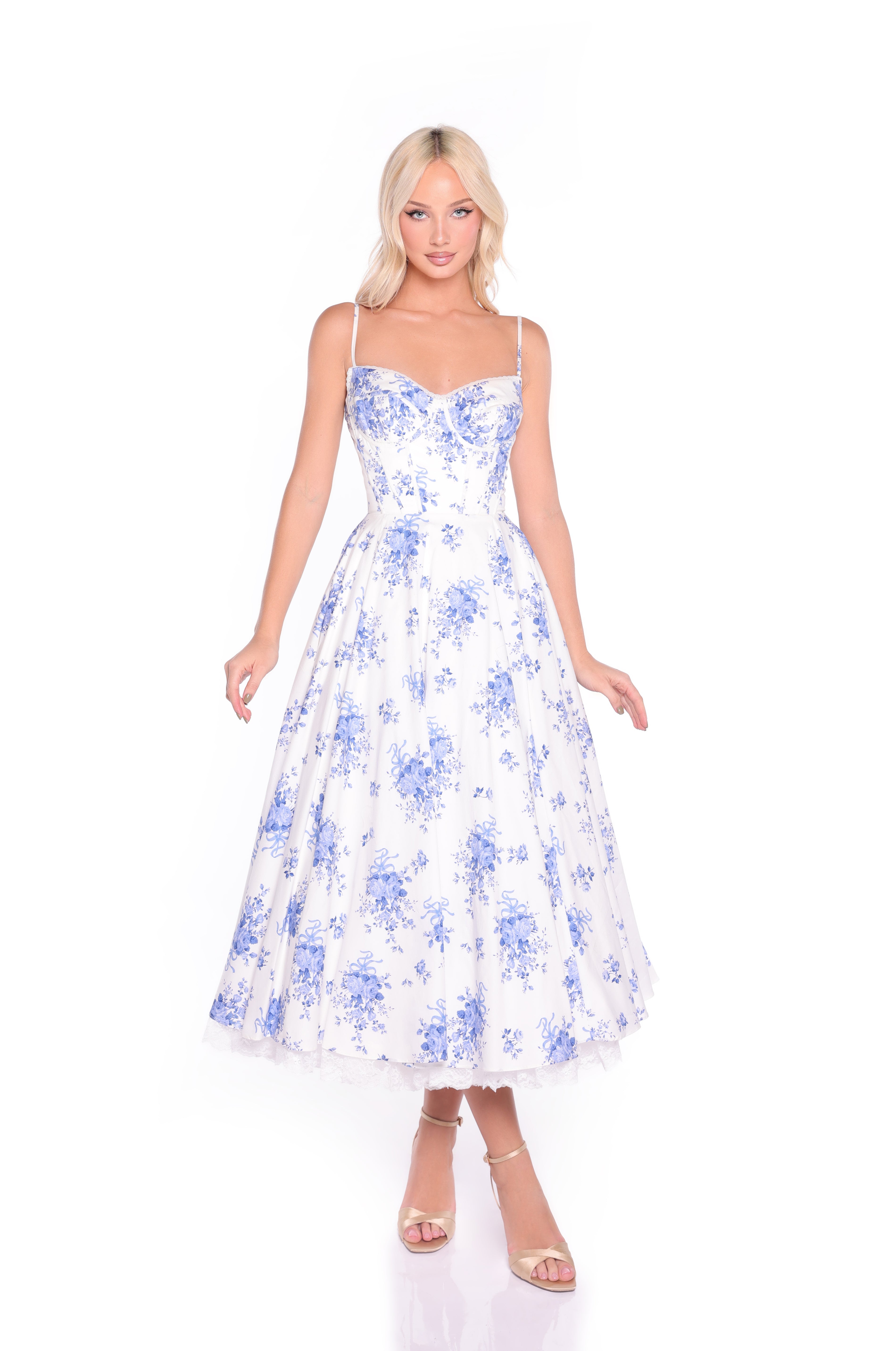 White & Blue Floral Midi Summer Dress: Isolde Porcelain Blue Floral / XLarge