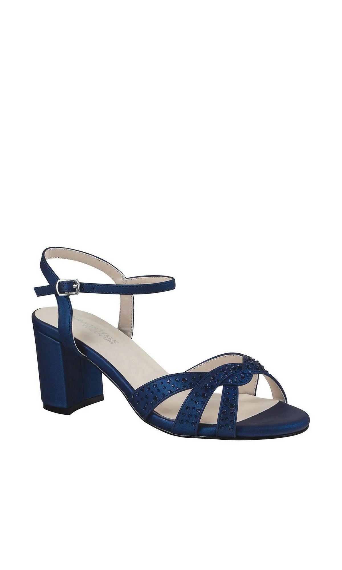 Ivy Navy Block Heel Prom Shoes: Touch Ups 4587 in navy blue, featuring a block heel, ankle strap, and shimmer crisscross straps embellished with rhinestones.