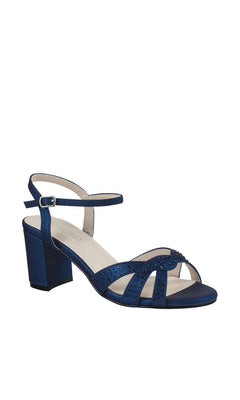 Ivy Navy Block Heel Prom Shoes: Touch Ups 4587 in navy blue, featuring a block heel, ankle strap, and shimmer crisscross straps embellished with rhinestones.