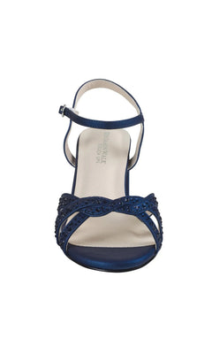 Ivy Navy Block Heel Prom Shoes: Touch Ups 4587 are navy blue block-heel sandals featuring shimmer crisscross straps over the toes and an ankle strap with a buckle.
