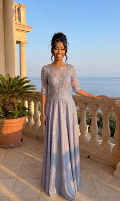 Wearing the Lavender Long Formal Dress: Chicas J006, a woman smiles on a stone balcony, framed by a stunning coastal view.