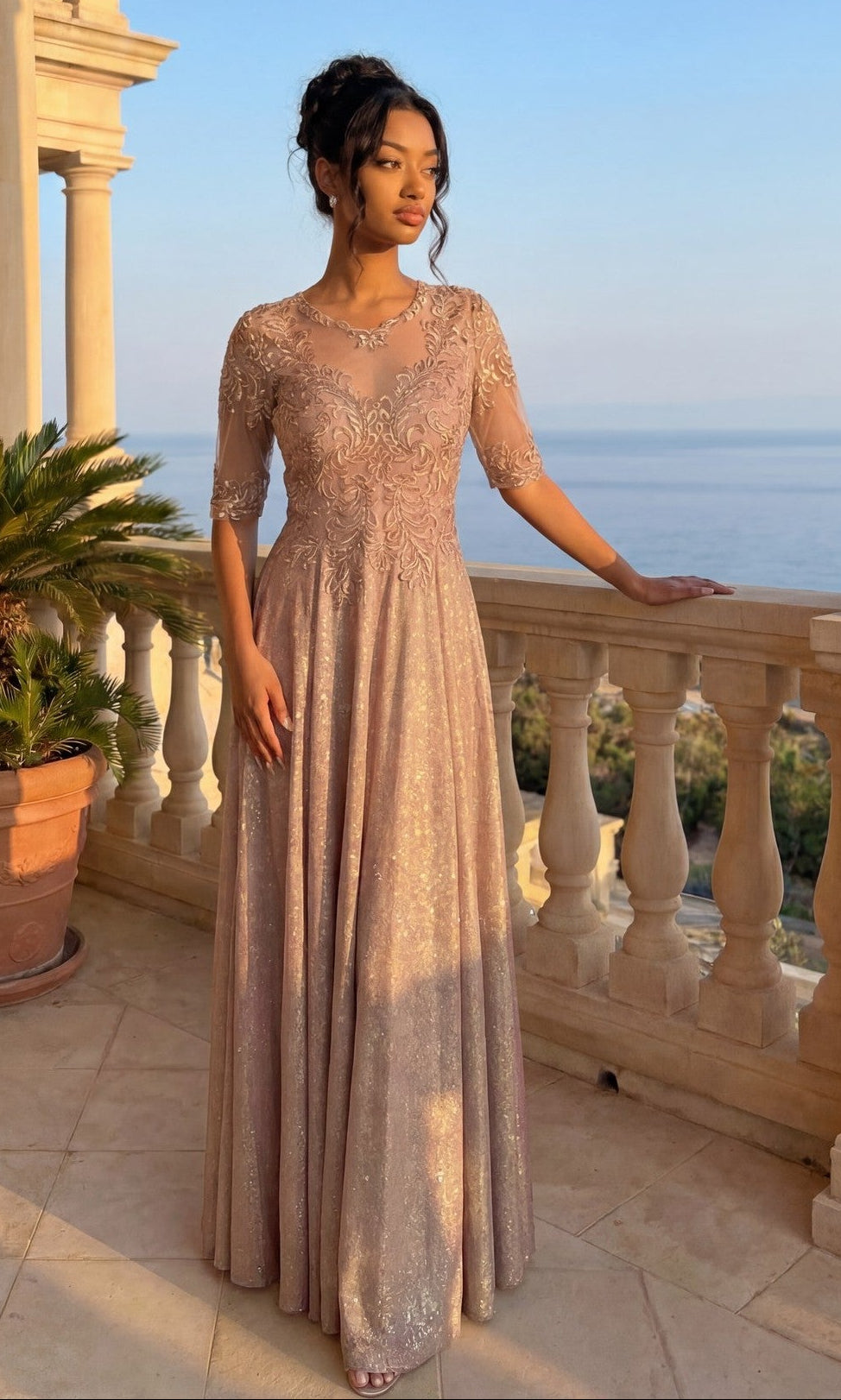 a line dress nearby Long A-Line Formal with Sheer Short Sleeves Champagne Gold / Large this piece is available Color:Pink Satin Effect Open Back si-medium
