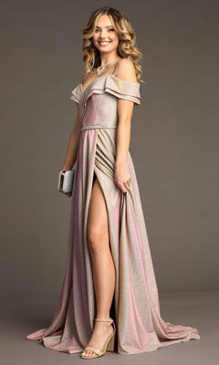 A woman models the Off-Shoulder Long Glitter Prom Dress: Chicas J008, featuring iridescent sparkle and a thigh-high slit, paired with a small clutch against a plain background.