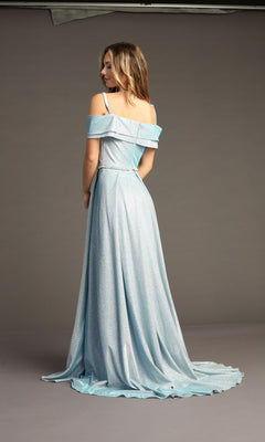 A woman wearing the Chicas J008 Off-Shoulder Long Glitter Prom Dress in light blue stands facing away against a plain grey background.