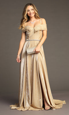 Woman in the Chicas J008 Off-Shoulder Long Glitter Prom Dress, featuring a shimmering gold iridescent fabric with a slit, accessorized with a matching clutch and necklace, smiling against a plain background.