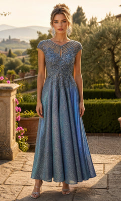 A woman stands outdoors surrounded by greenery and stone architecture, wearing the blue Long Prom Dress: Chicas J032. The gown features an elegantly embellished bodice with intricate beading and embroidery, cap sleeves, and a graceful A-line skirt that complements her look.