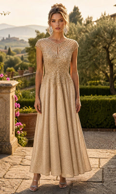 A woman stands outdoors in a garden surrounded by stone and greenery, wearing the Long Prom Dress: Chicas J032 in champagne—a floor-length gown with short sleeves, an embellished bodice with lace detailing, and an elegant A-line skirt that flows gracefully.