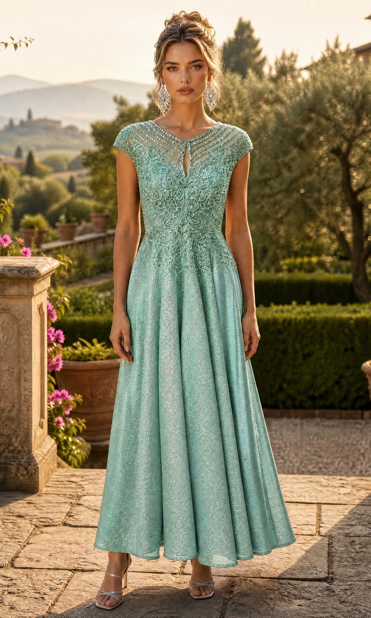 A woman stands outdoors in a garden wearing the Chicas J032 Long Prom Dress in sage—a floor-length formal dress featuring an embellished bodice, cap sleeves, and a keyhole neckline. She faces the camera with a neutral expression.